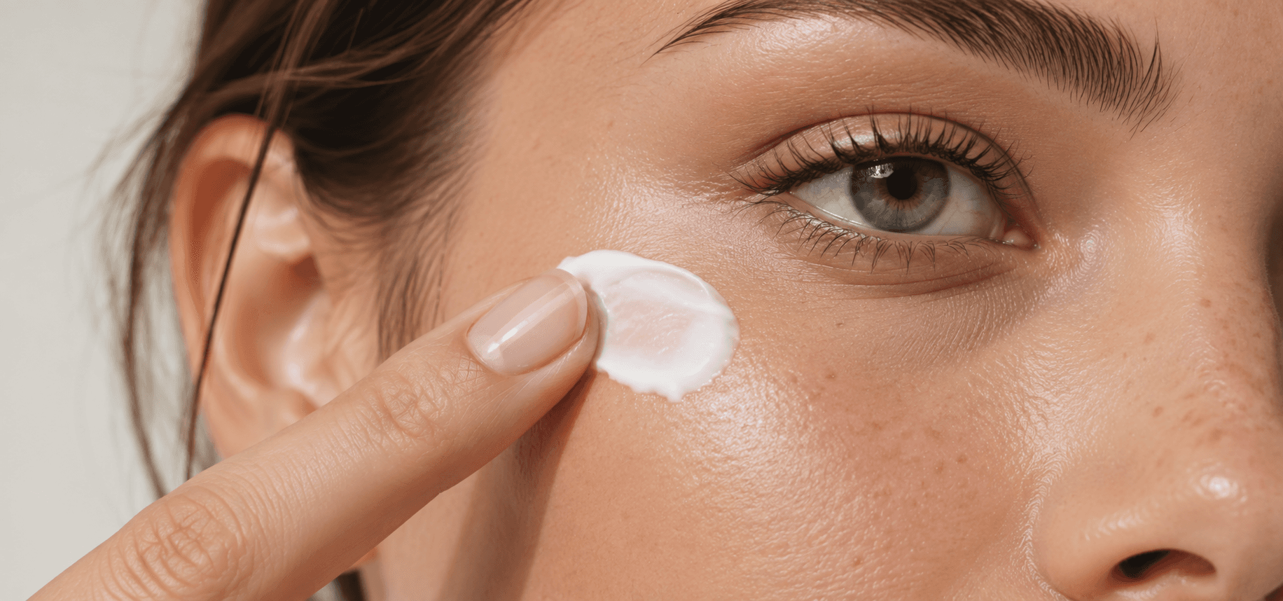 A fingertip pressing a small amount of cream into the skin beneath the eye