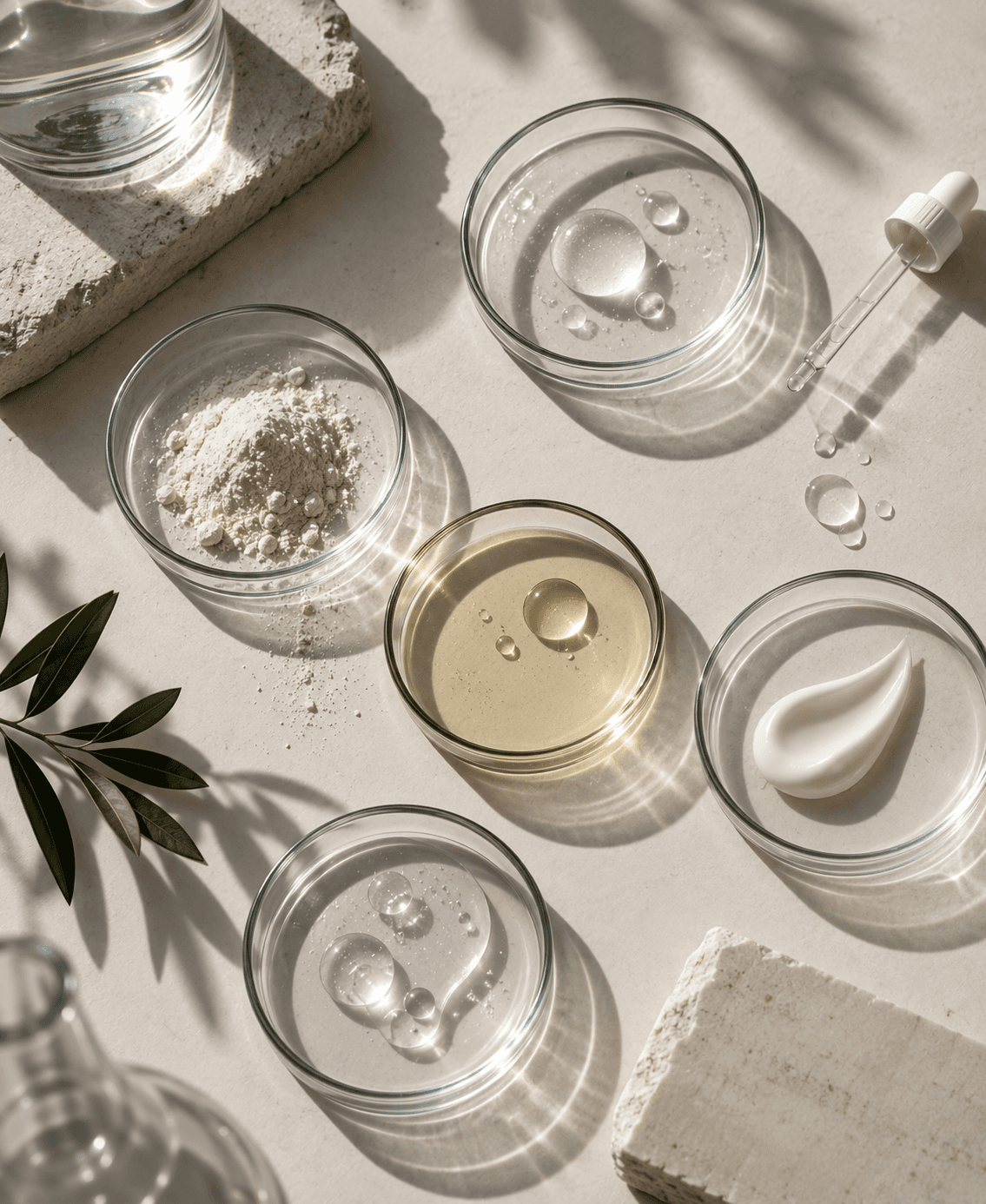 Each ingredient measured out in its own glass dish under daylight