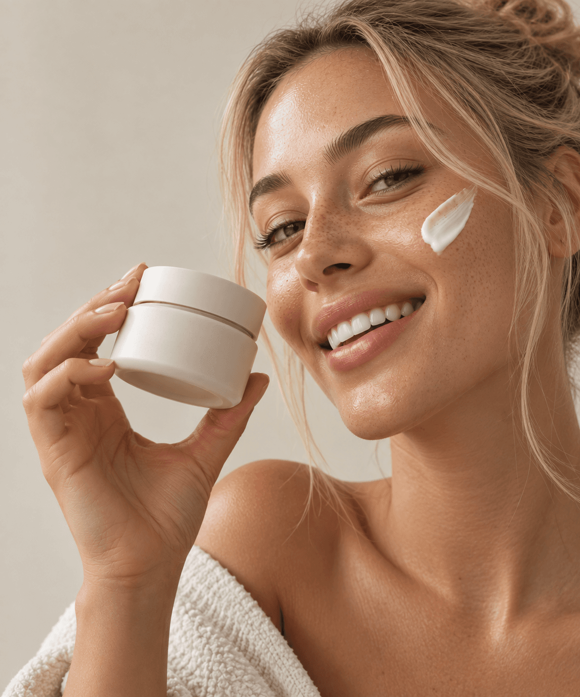 A woman pressing the formula into her skin, jar still in hand